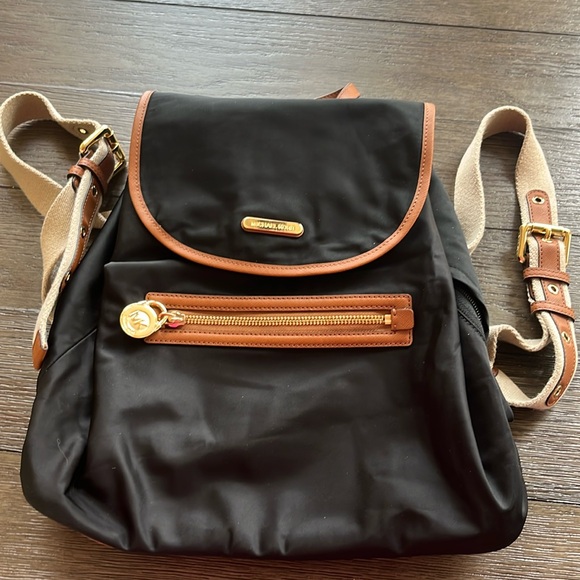 Michael Kors Black Nylon Backpack Bag with Brown Trim and Cream Canvas Straps - Picture 1 of 8